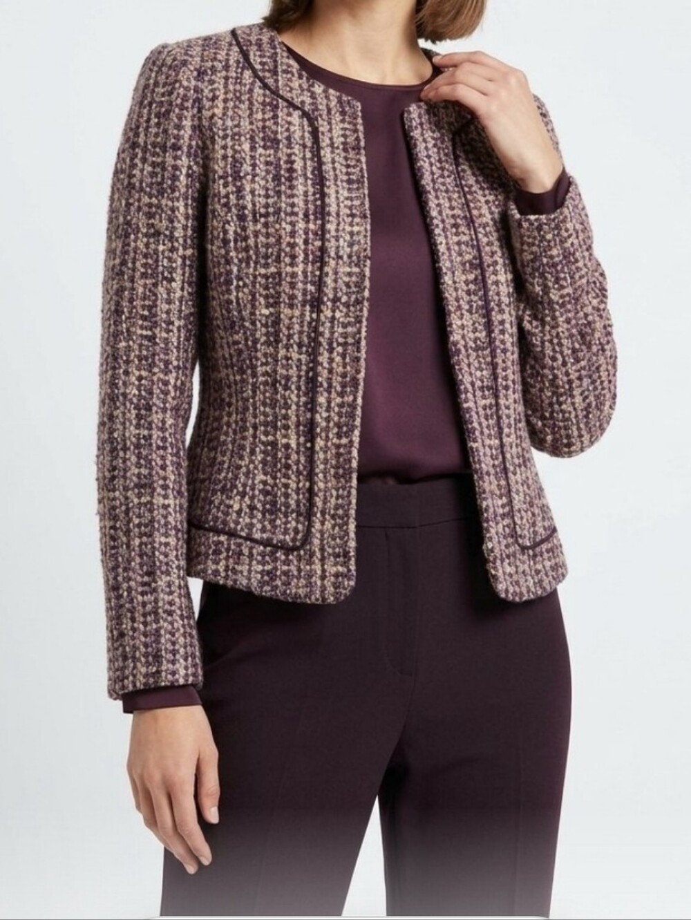 Alex Marie Wool Silk Women Purple Beige Tweed Open Front Blazer Jacket Sz 4